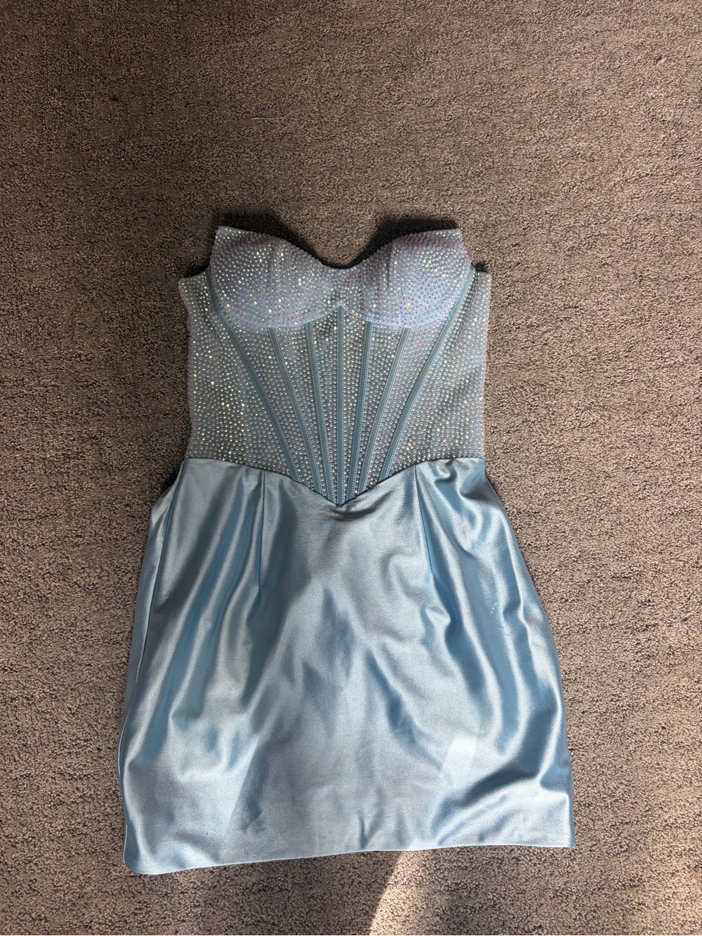 Sherri Hill Iridescent Light Blue Strapless Corset Dress